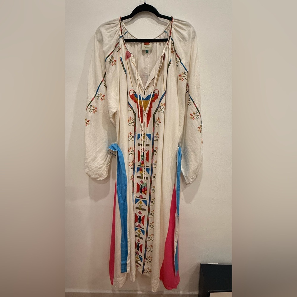 FARM Rio Macaw Embroidered Linen Caftan Midi Dress Size S Resort Vacation Boho - Picture 4 of 9